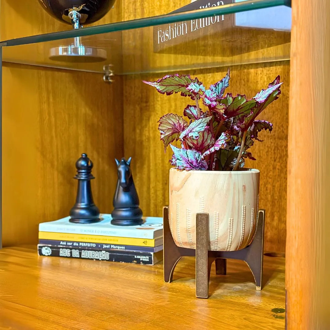 Vaso Cachepot Linha Genebra com Suporte de Madeira Baixo