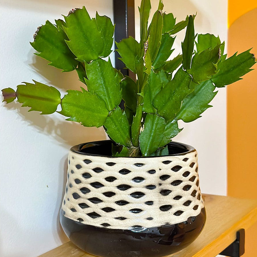 Vaso Cachepot de Cerâmica Preto com Textura Ondulada Branca 15x11cm