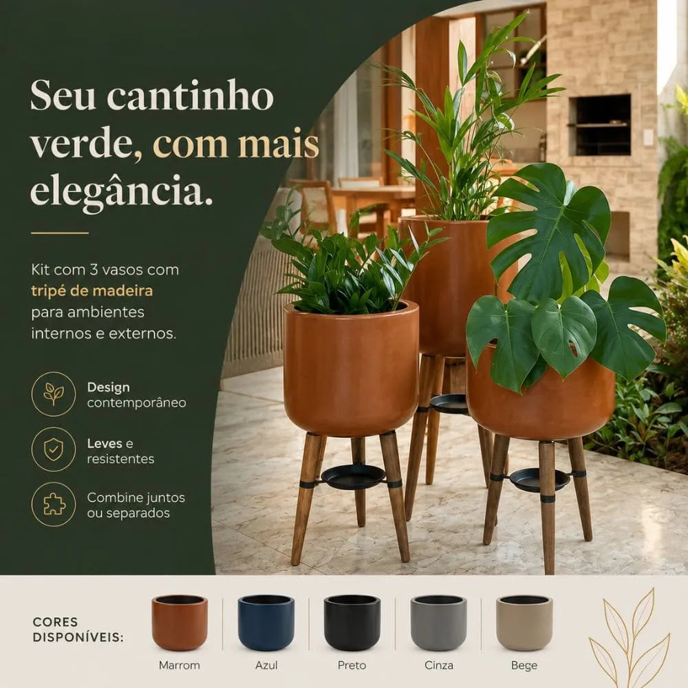 Kit 3 Vasos Linha Doha com Tripé de Madeira