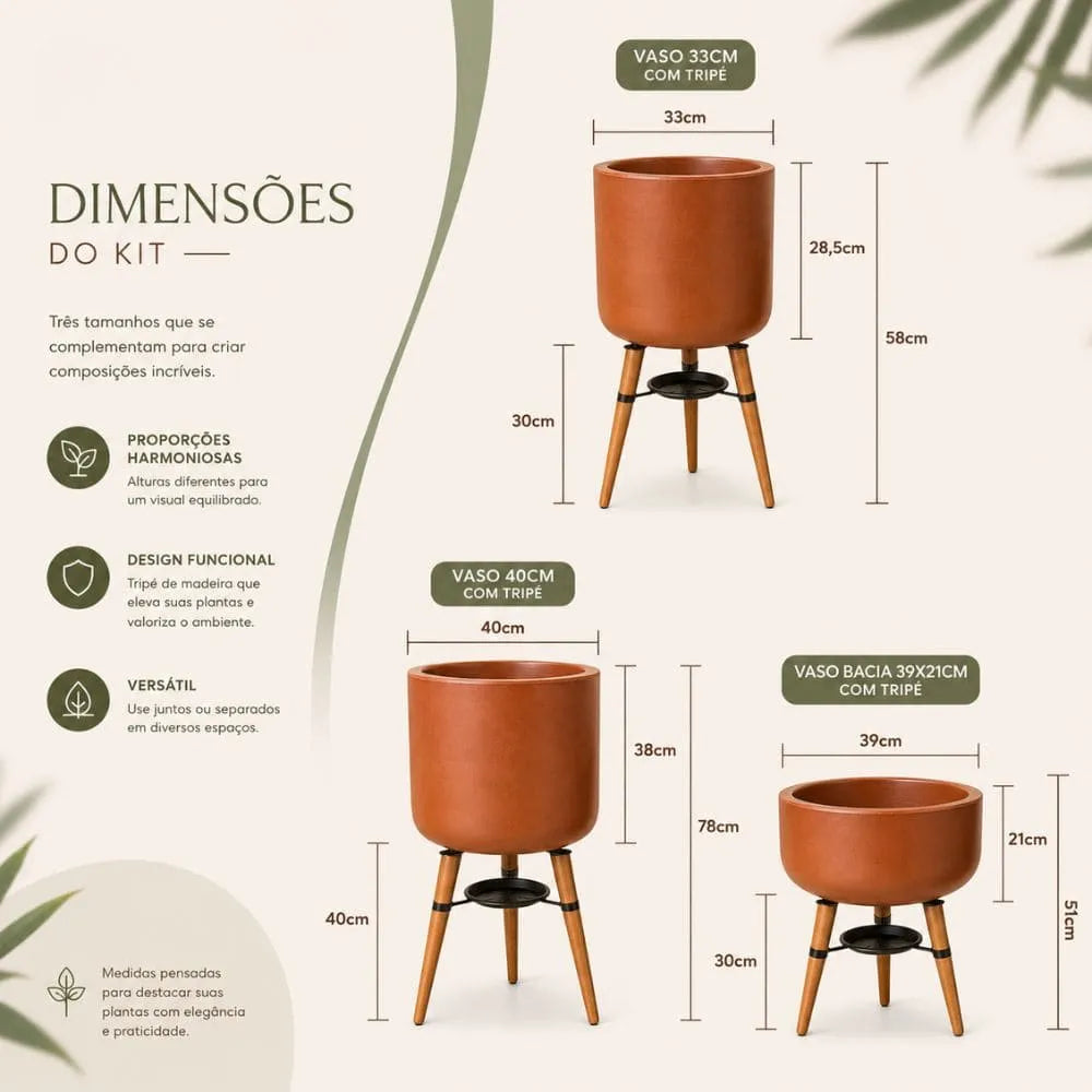 Kit 3 Vasos Linha Doha com Tripé de Madeira