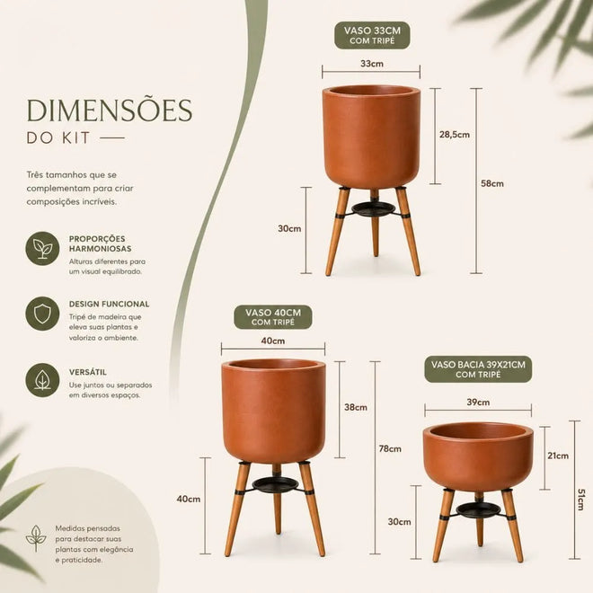 Kit 3 Vasos Linha Doha com Tripé de Madeira