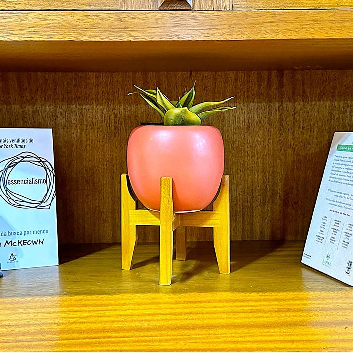 Vaso Cachepot em Porcelana com Tripé de Madeira