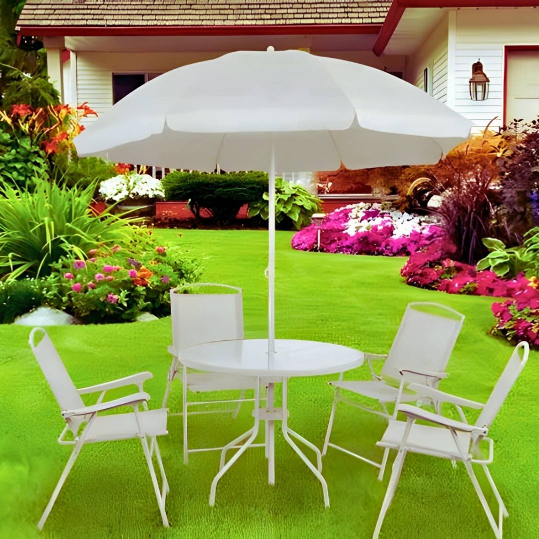 Conjunto Mesa + 4 Cadeiras + Guarda Sol Para Jardim