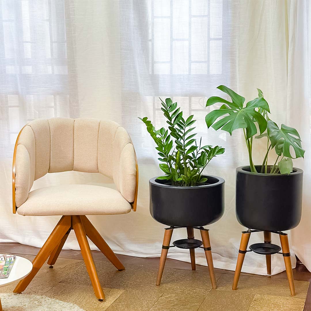 Kit Vaso + Bacia Linha Doha com Tripé de Madeira