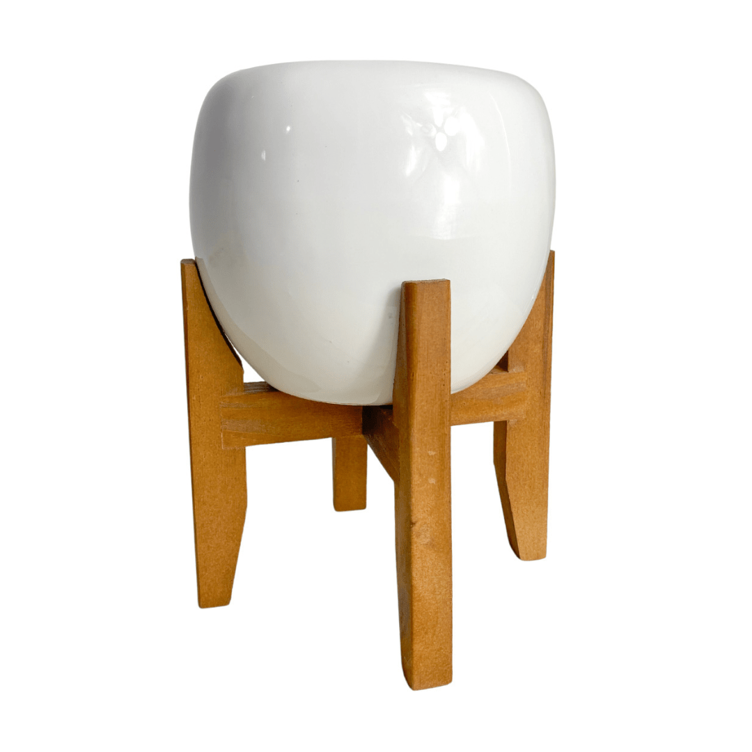 Vaso Cachepot em Porcelana com Tripé de Madeira