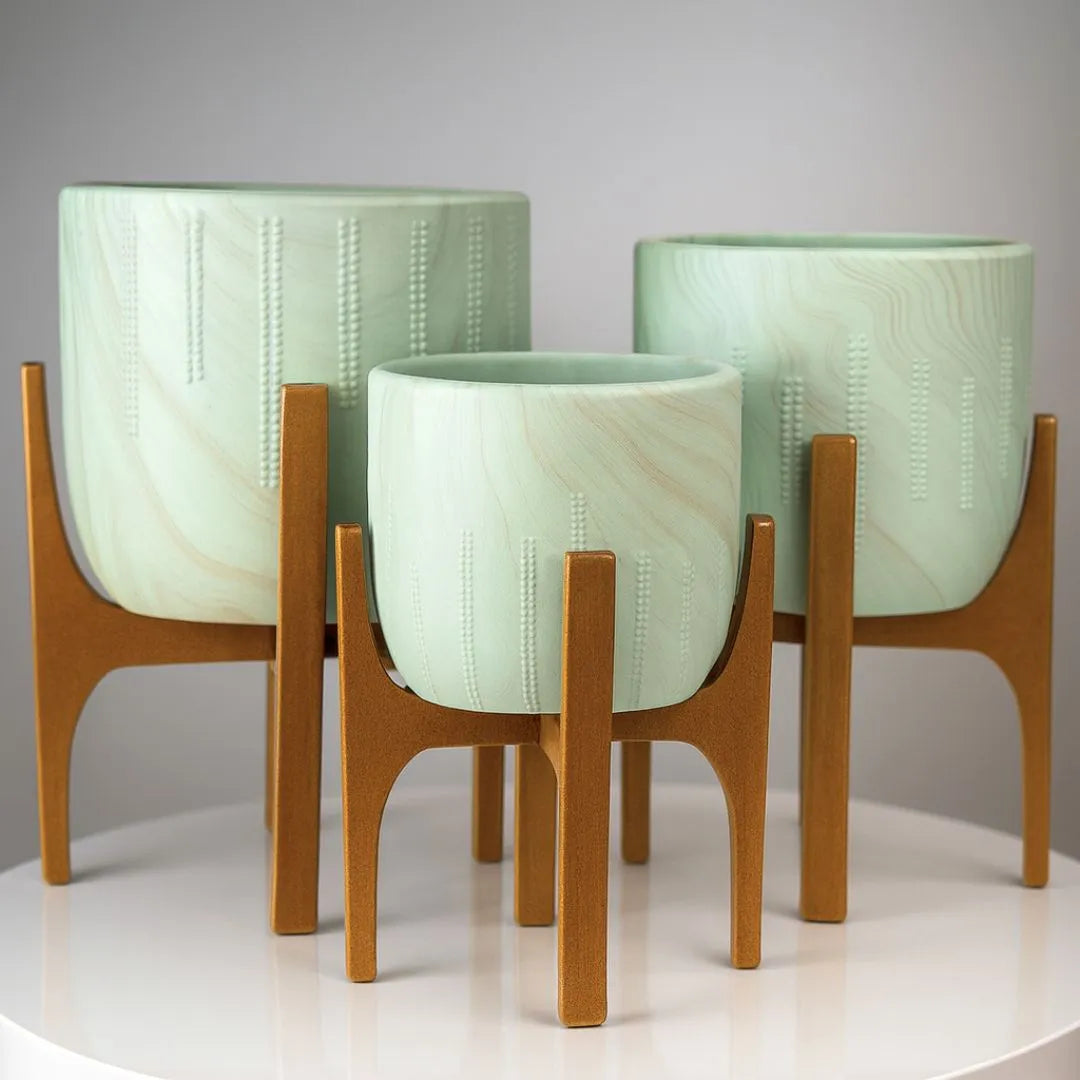 Vaso Cachepot Linha Genebra com Suporte de Madeira Alto