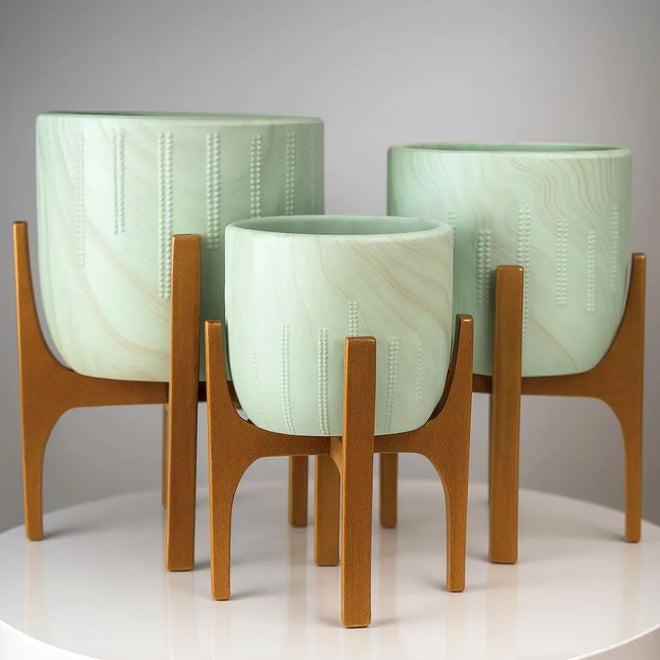 Vaso Cachepot Linha Genebra com Suporte de Madeira Alto