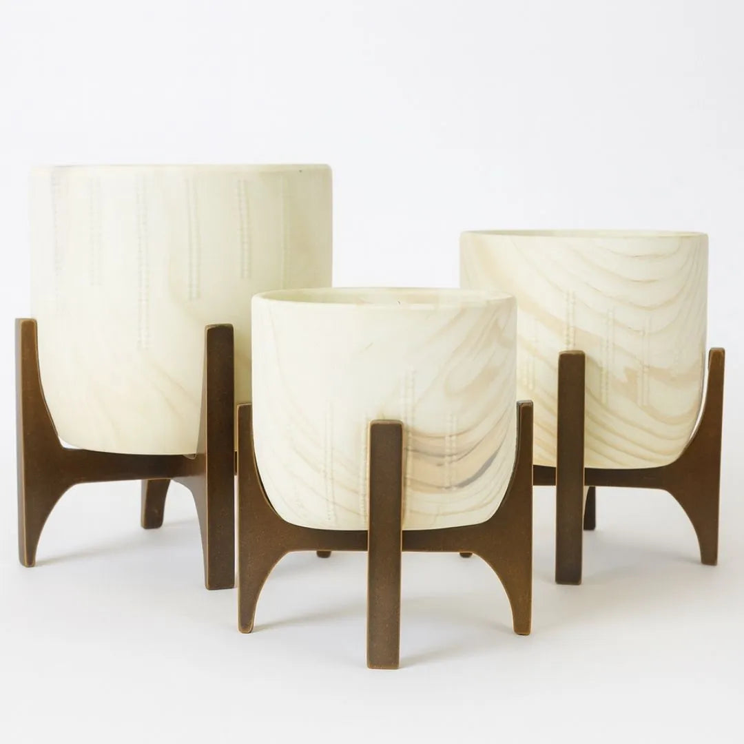 Vaso Cachepot Linha Genebra com Suporte de Madeira Baixo