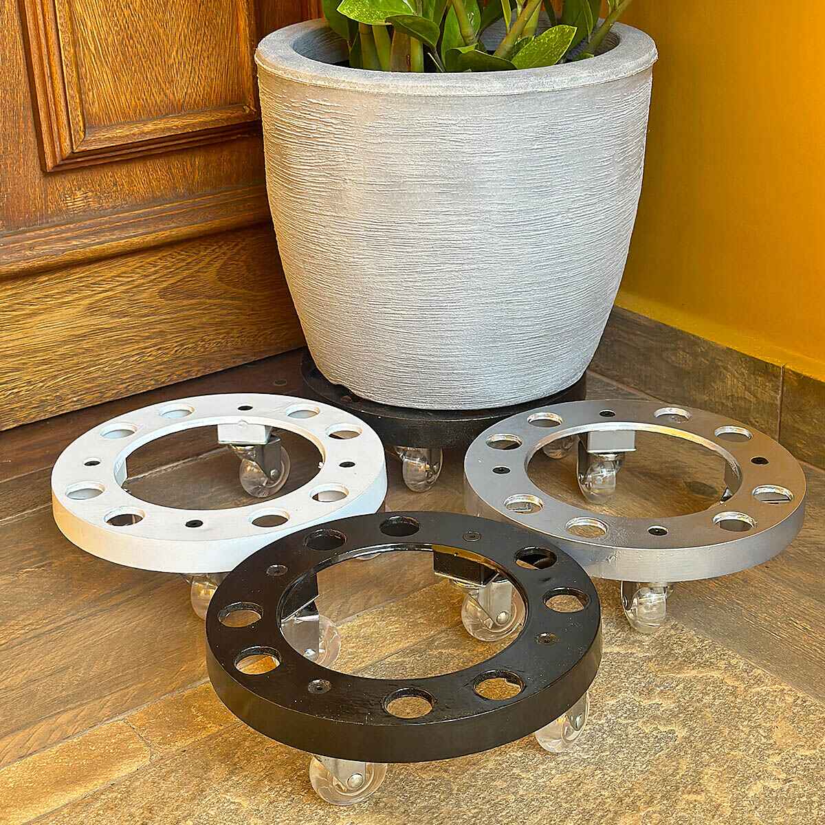 Suporte de Alumínio com Rodas de Silicone para Vasos Redondos