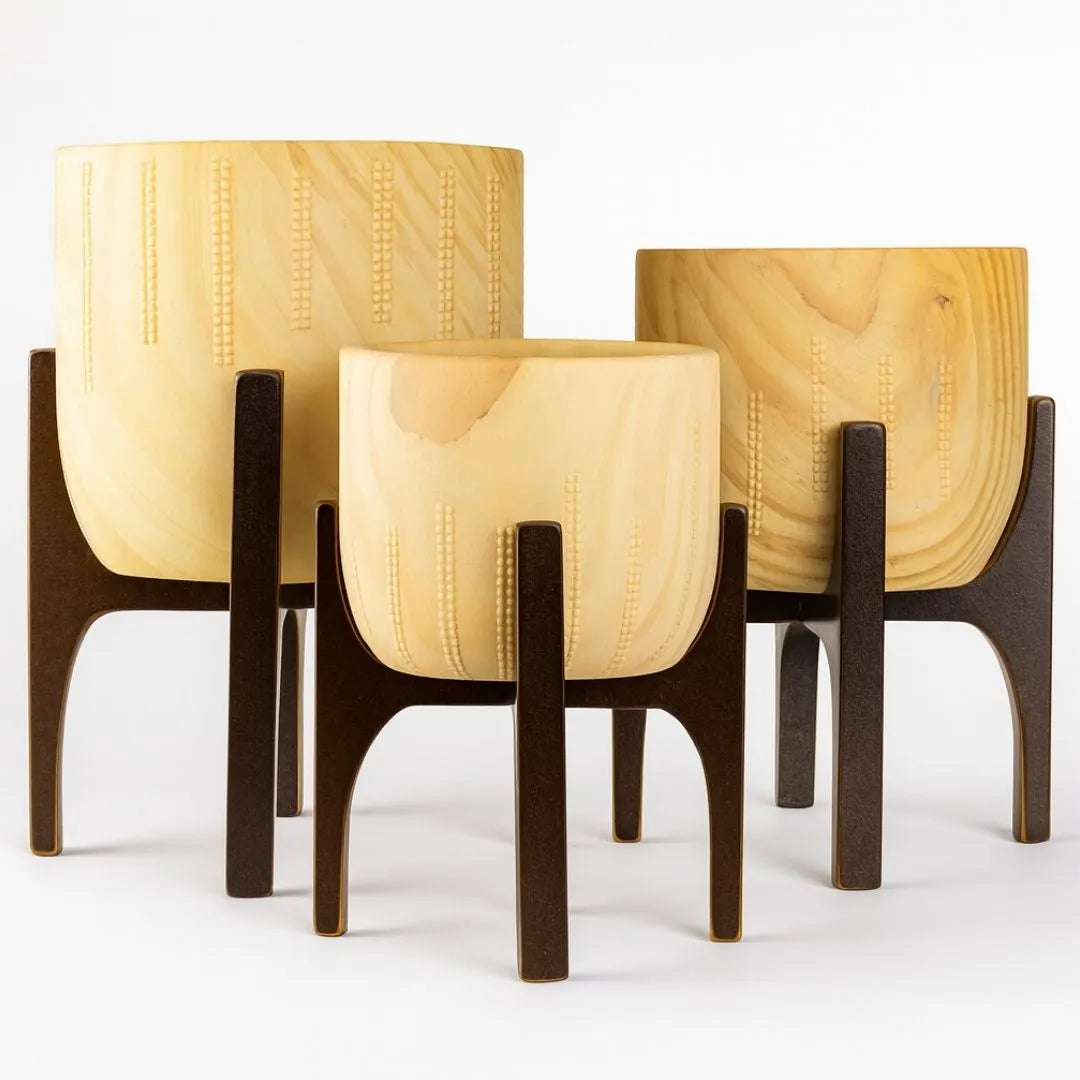 Vaso Cachepot Linha Genebra com Suporte de Madeira Alto