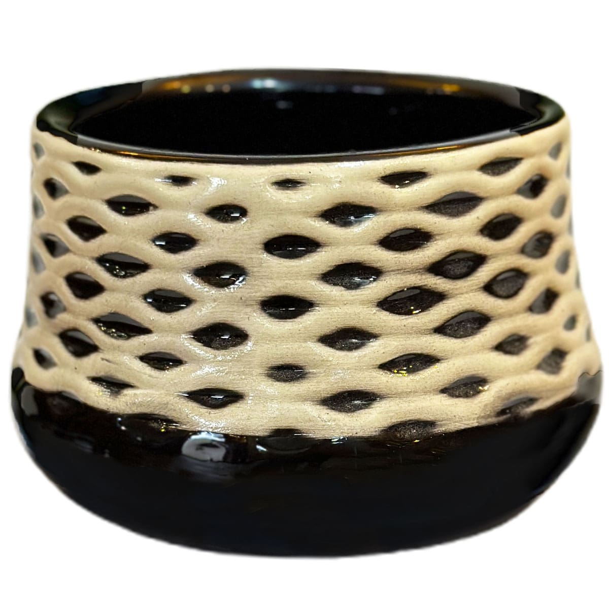 Vaso Cachepot de Cerâmica Preto com Textura Ondulada Branca 15x11cm