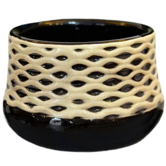 Vaso Cachepot de Cerâmica Preto com Textura Ondulada Branca 15x11cm