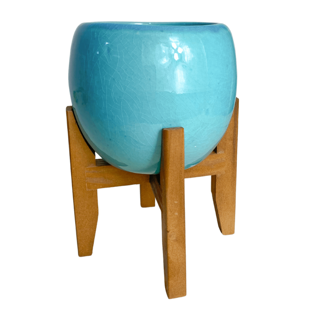 Vaso Cachepot em Porcelana com Tripé de Madeira