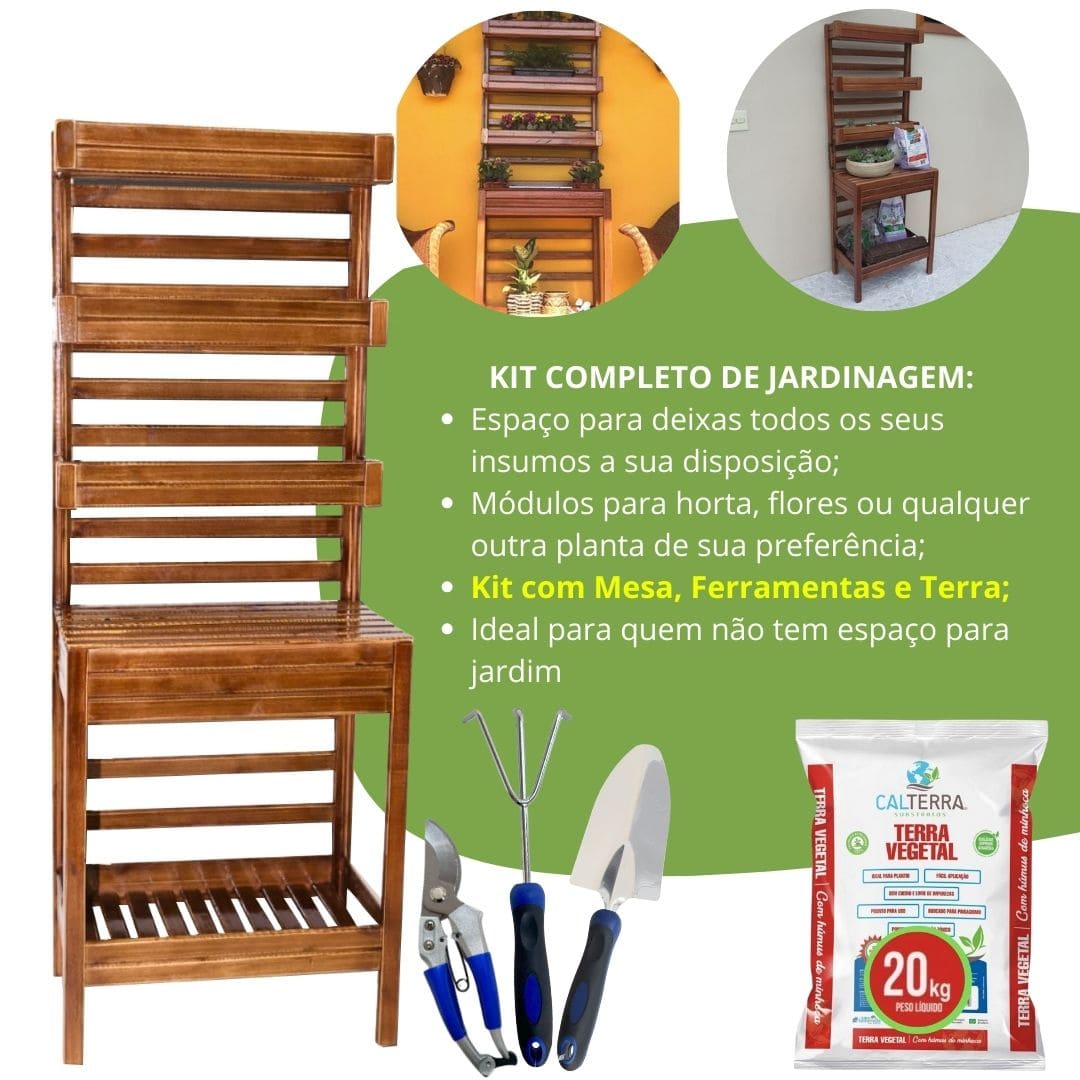 Kit Jardinagem Completo - com Mesa de Apoio