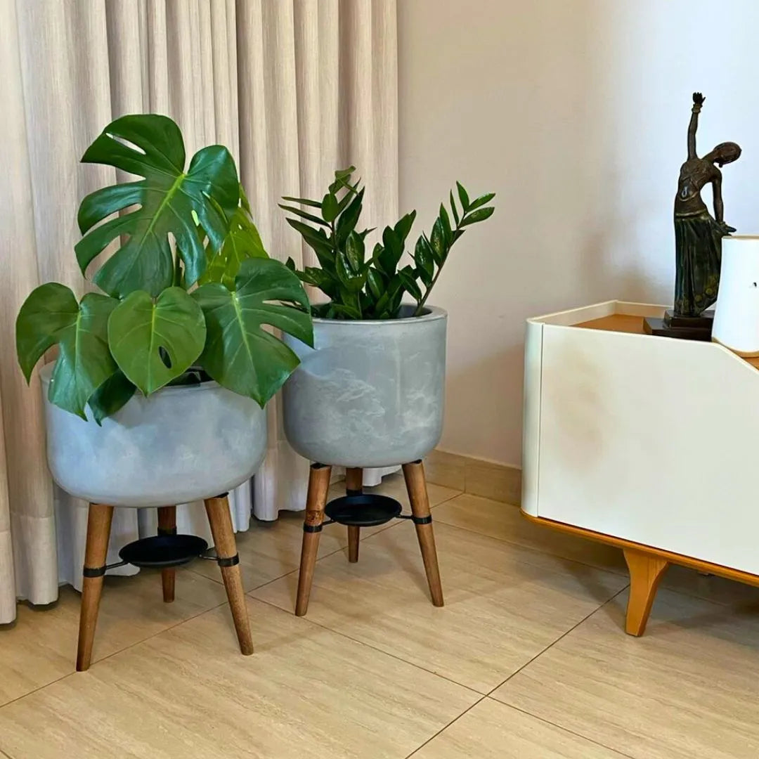 Kit Vaso + Bacia Linha Doha com Tripé de Madeira