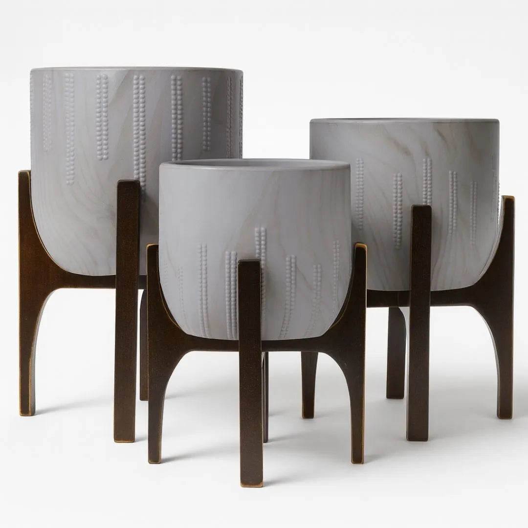 Vaso Cachepot Linha Genebra com Suporte de Madeira Alto