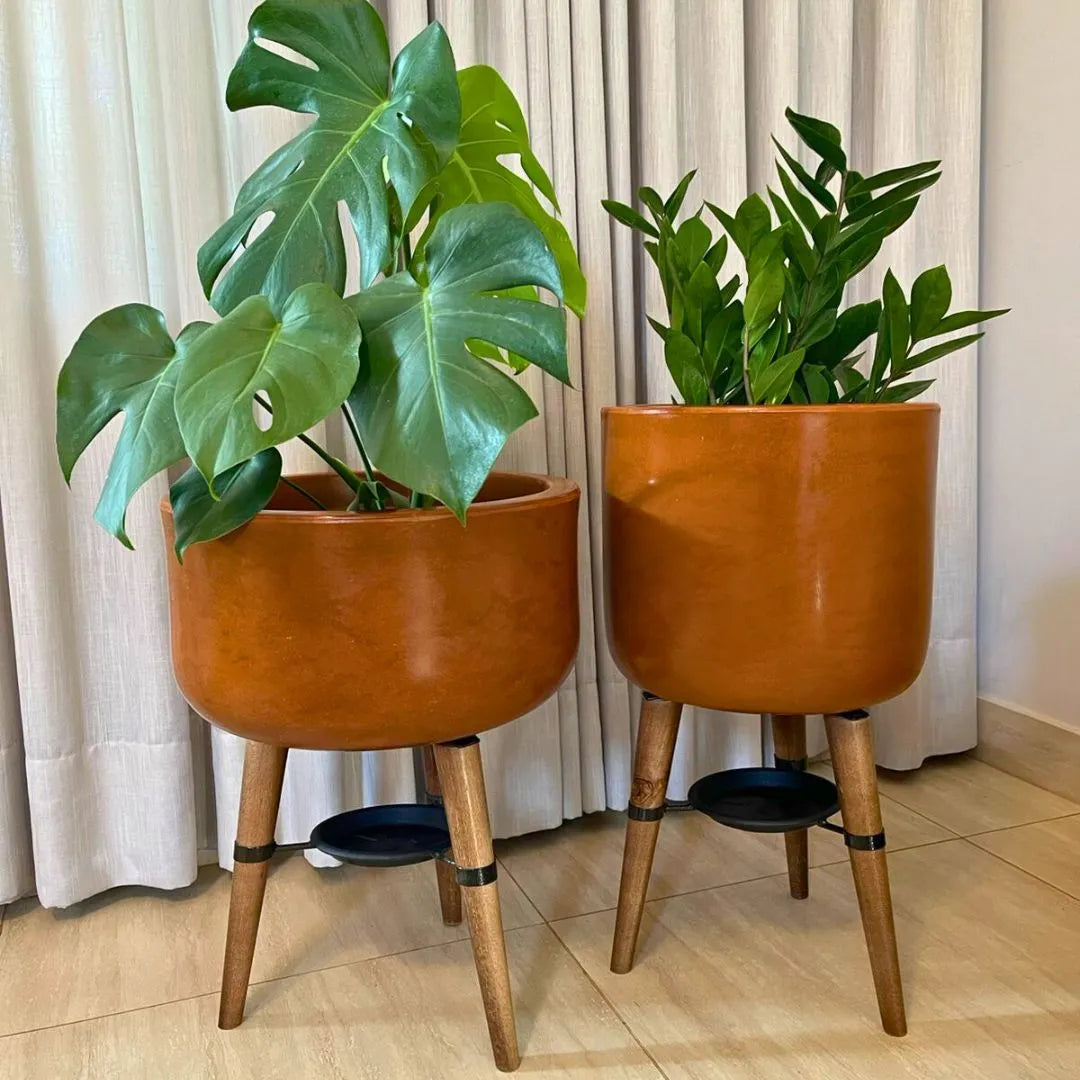 Kit Vaso + Bacia Linha Doha com Tripé de Madeira