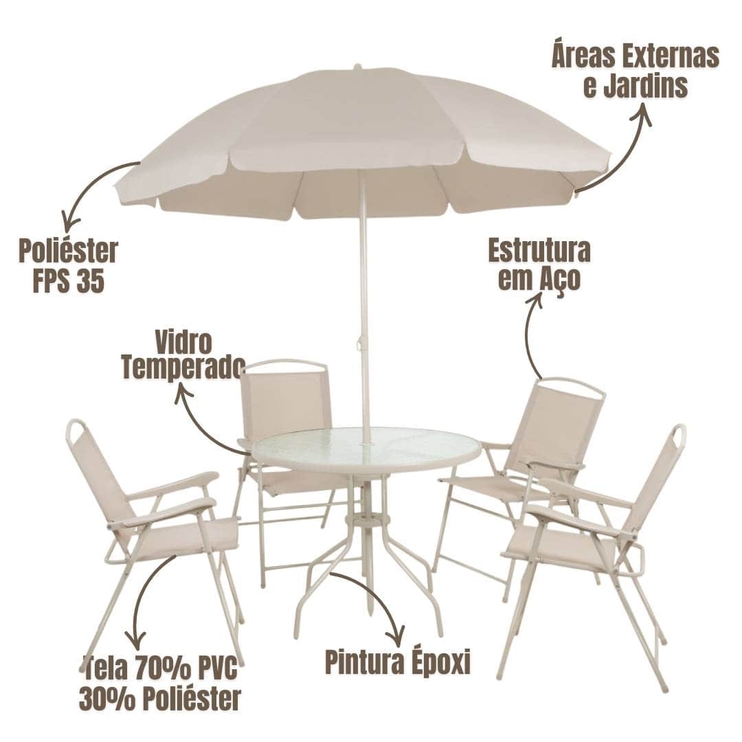 Conjunto Mesa + 4 Cadeiras + Guarda Sol Para Jardim