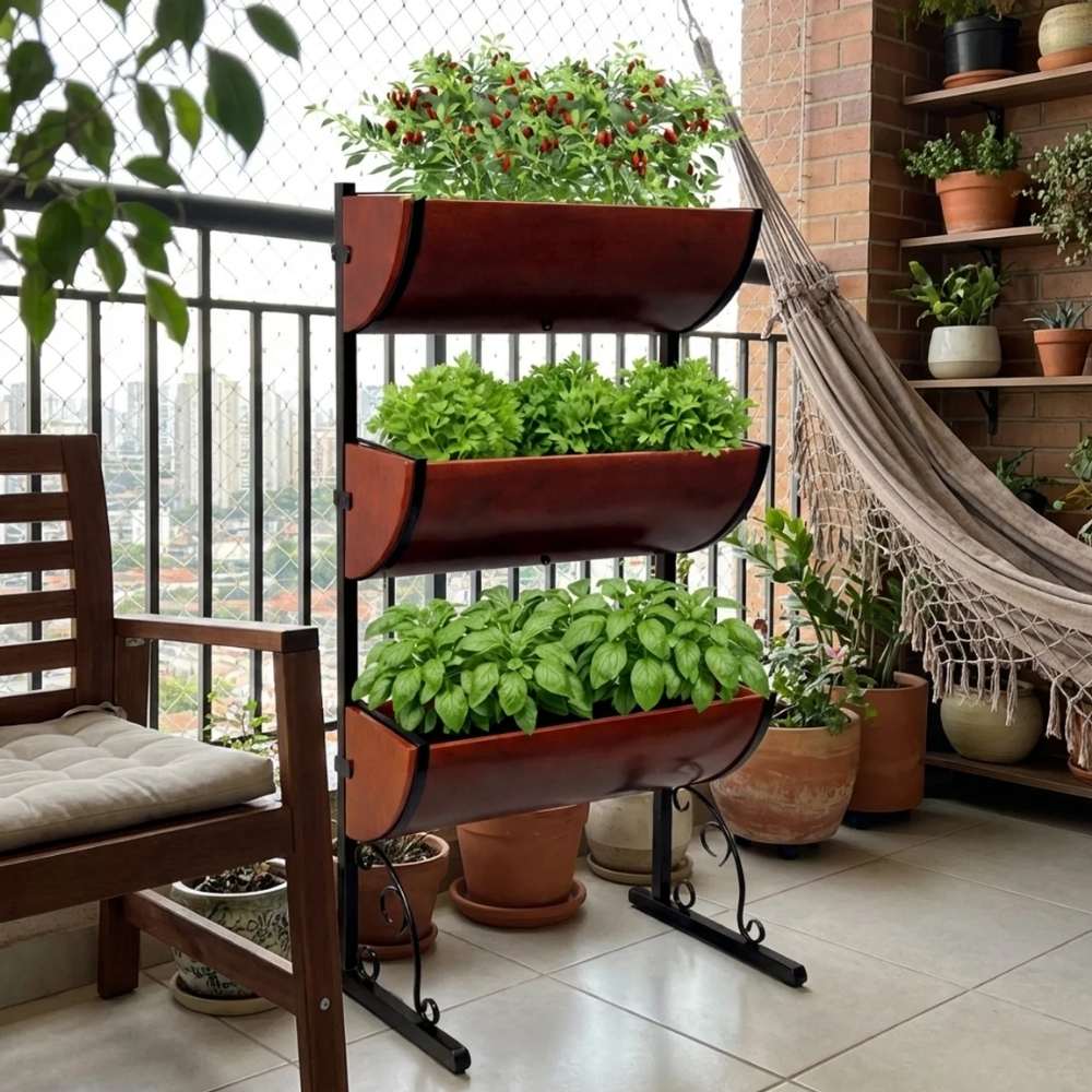 Horta Vertical com Suportes + 3 Jardineiras