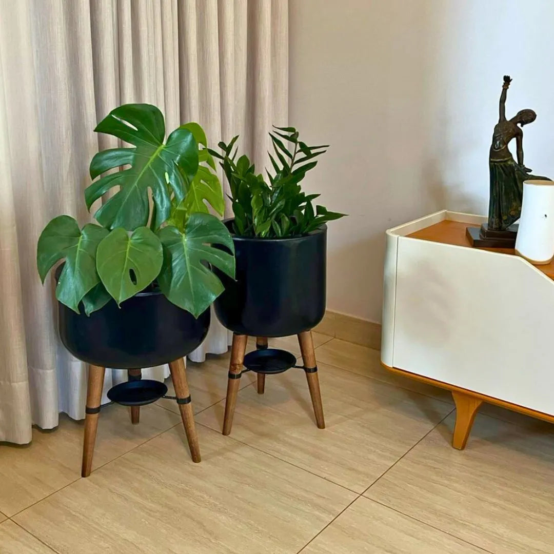 Kit Vaso + Bacia Linha Doha com Tripé de Madeira