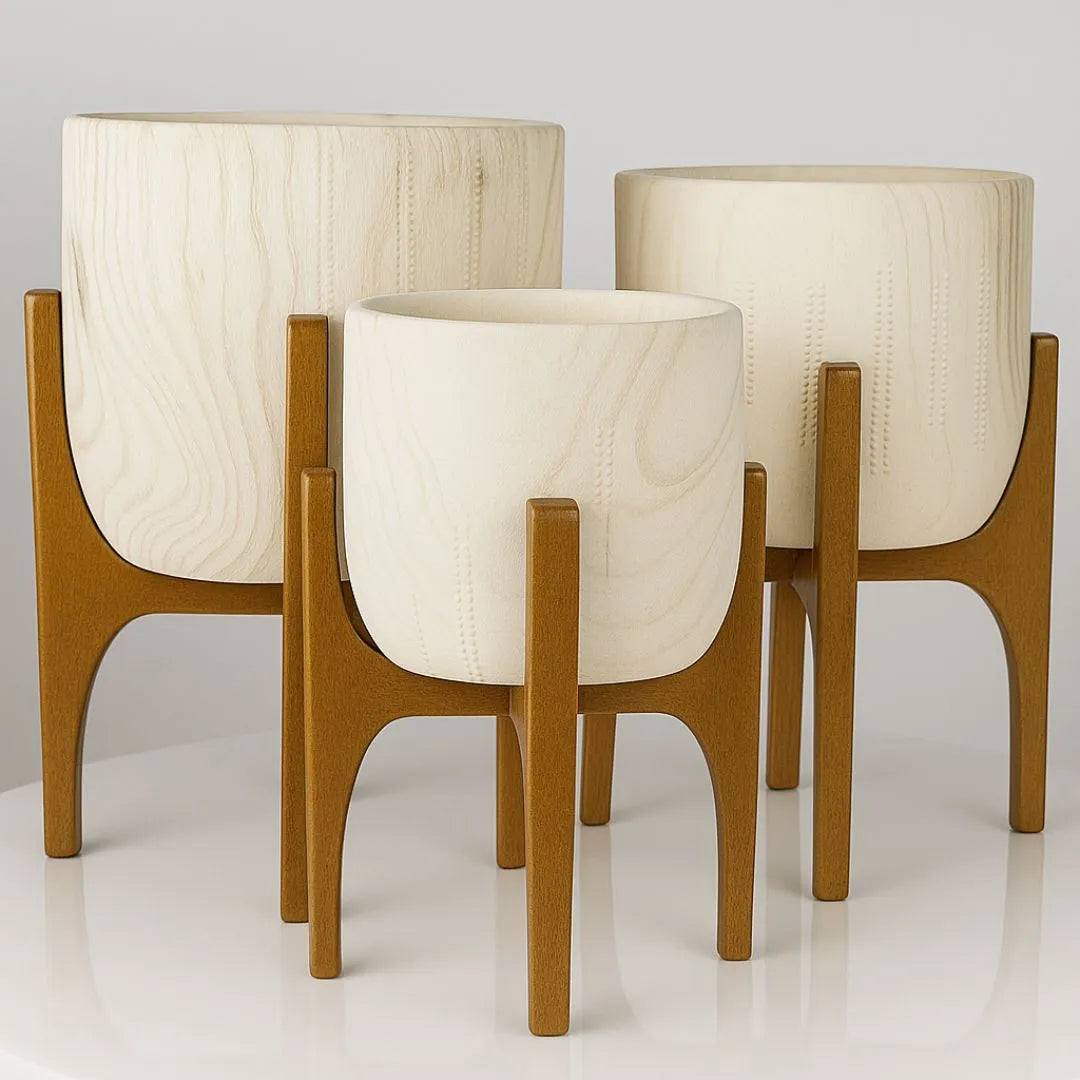 Vaso Cachepot Linha Genebra com Suporte de Madeira Alto
