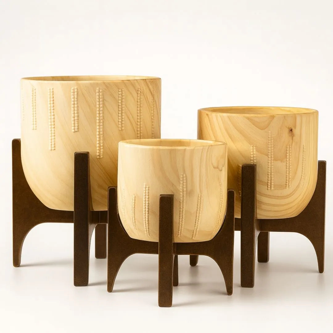 Vaso Cachepot Linha Genebra com Suporte de Madeira Baixo