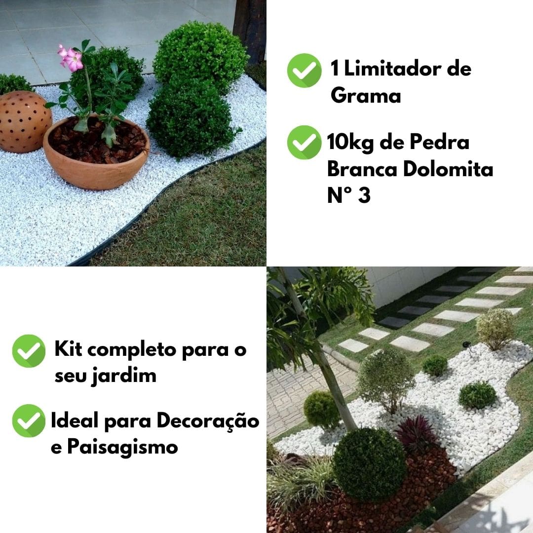 Limitador de Grama + Pedra Dolomita Branca Decoração Jardim