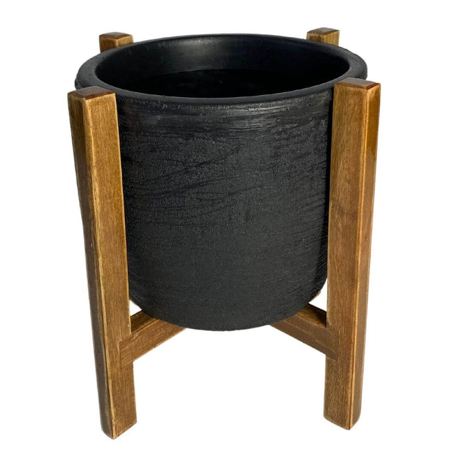 Kit Vaso Decorativo em Polietileno + Suporte de Madeira Rústica