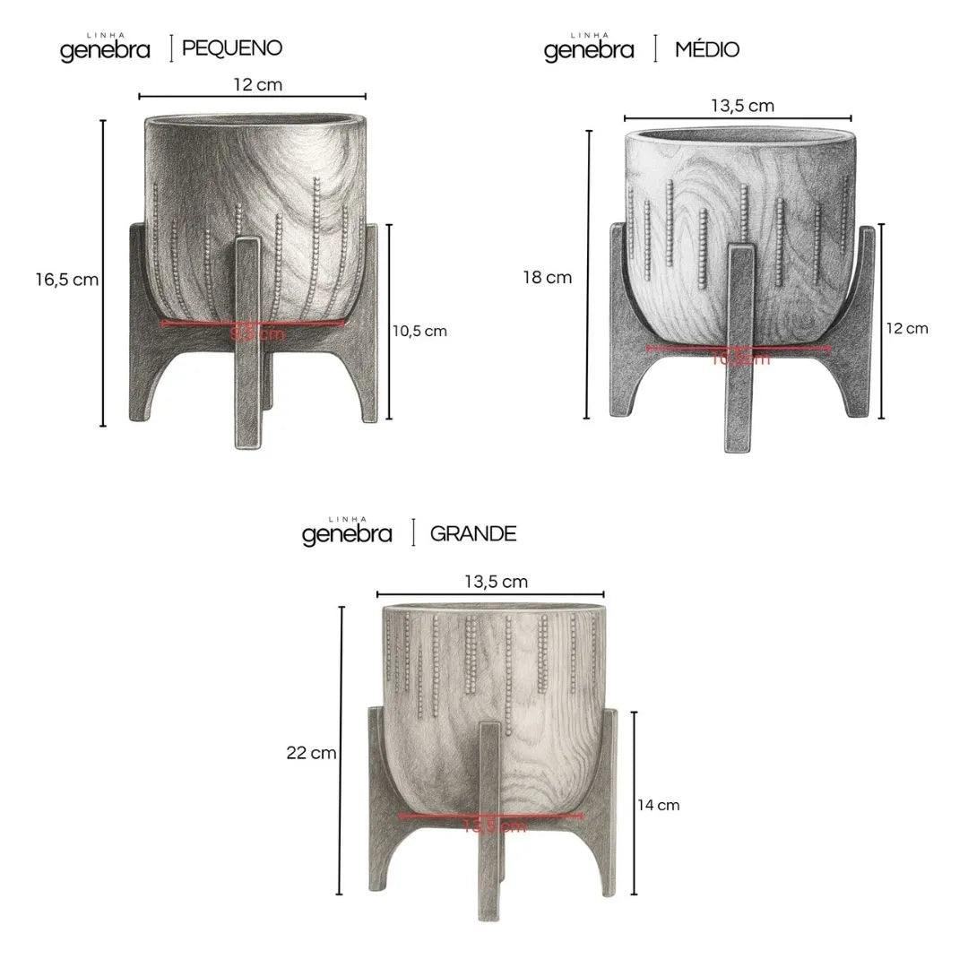 Vaso Cachepot Linha Genebra com Suporte de Madeira Baixo