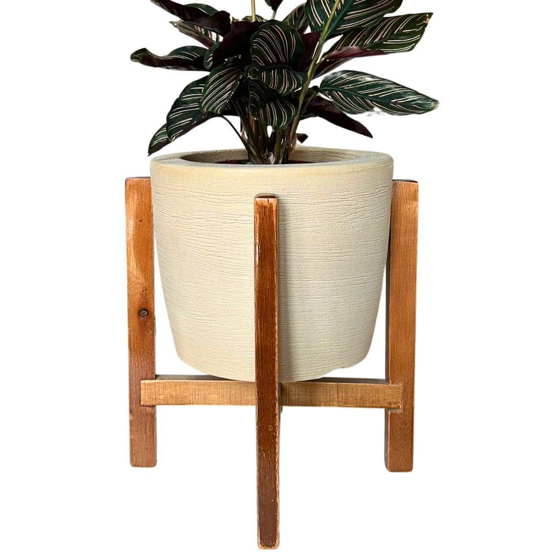 Kit Vaso Decorativo em Polietileno + Suporte de Madeira Rústica