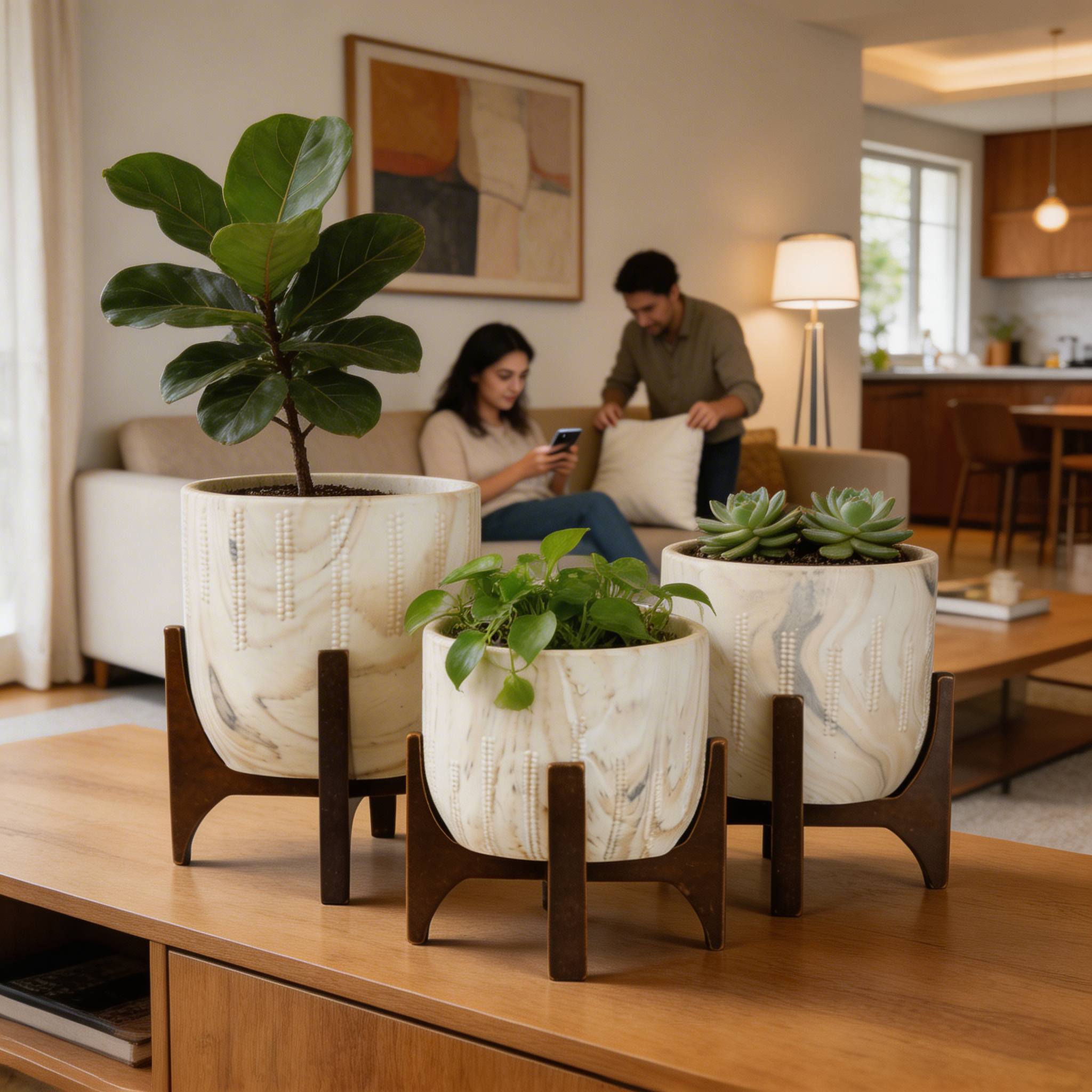 Vaso Cachepot Linha Genebra com Suporte de Madeira Baixo