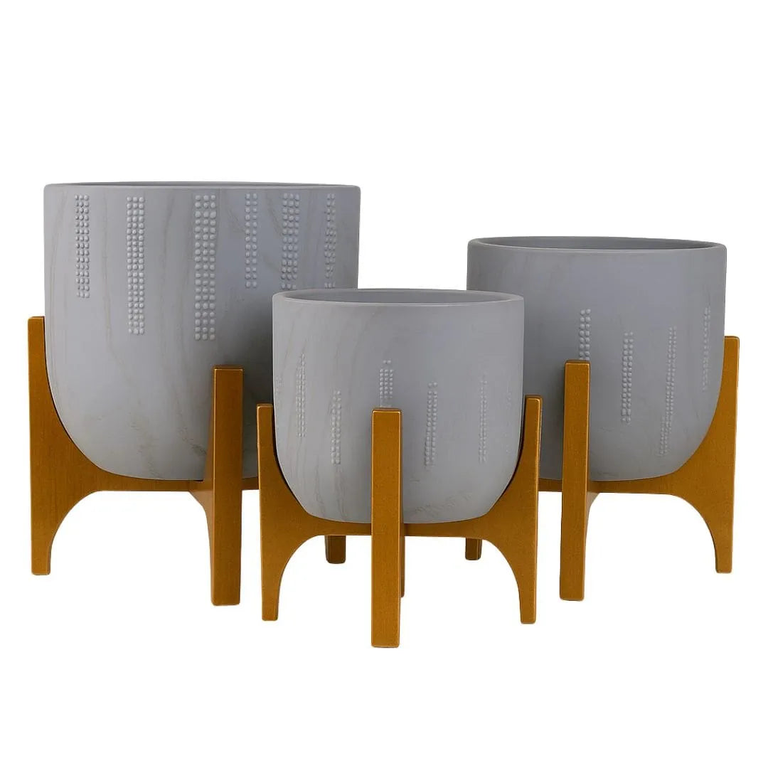 Vaso Cachepot Linha Genebra com Suporte de Madeira Baixo