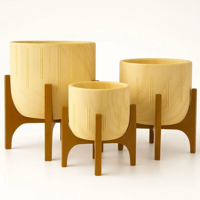 Vaso Cachepot Linha Genebra com Suporte de Madeira Baixo