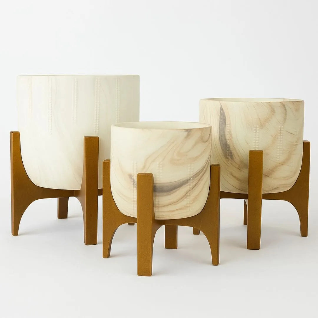 Vaso Cachepot Linha Genebra com Suporte de Madeira Baixo